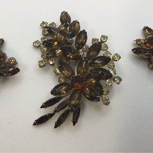 Vintage Huge Abstract Amber Rhinestone Gold Tone Brooch and Earrings Set